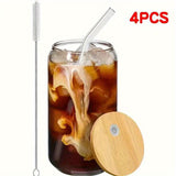 1/2/4pcs Drinking Glasses With Bamboo Lids And Glass Straw Set, 16oz Can Shaped Glass Cups, Beer Glasses, Iced Coffee Glasses, Cute Tumbler Cup, Ideal For Cocktail, Whiskey, Gift, Drinkware