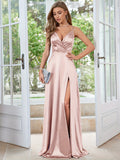 Extra-Long Satin A-Line V Neck Sleeveless Dress - Elegant Party & Banquet Dress with Split Thigh, Micro Elasticity, and Ball Gown Hem - Hand Wash or Professional Dry Clean, Solid Color, and All Season Wear