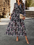 themeisles Split-Joint Ruffled Flower Print Loose Long Sleeves Deep V-Neck Maxi Dresses
