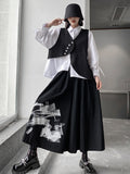 themeisles Original Loose Lace-Up Hollow Sleeve Blouse+Black Vest+Wide Leg Pants Culotte Three Pieces Set