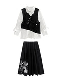 themeisles Original Loose Lace-Up Hollow Sleeve Blouse+Black Vest+Wide Leg Pants Culotte Three Pieces Set