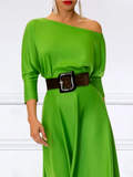 themeisles Loose Three-Quarter Sleeves Solid Color Off-The-Shoulder Maxi Dresses