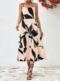 themeisles Floral Printed Contrast Color Sleeveless Loose Spaghetti-Neck Midi Dresses