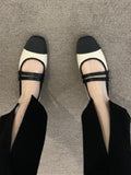themeisles Contrast Color Round Cut Split-Joint Square-Toe Low Heels Flat Shoes Flats