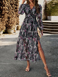 themeisles Split-Joint Ruffled Flower Print Loose Long Sleeves Deep V-Neck Maxi Dresses