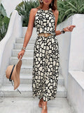 Stylish Allover Print Casual Pantsuits - Off the Shoulder, Sleeveless, High Waist, Wide Leg, Elegant Polyester Outfit for Spring/Summer - Woven, Random Printing, No Elasticity, Motif Cachemire Pattern