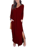 themeisles Split-Side Solid Color Loose Long Sleeves V-Neck Maxi Dresses