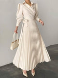 themeisles Office Pleated Asymmetric Solid Color Lapel Maxi Dresses