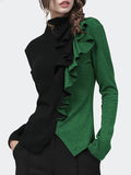 themeisles Long Sleeves Skinny Contrast Color Split-Front Split-Joint High-Neck T-Shirts