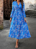 themeisles Split-Joint Ruffled Flower Print Loose Long Sleeves Deep V-Neck Maxi Dresses