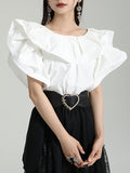 themeisles Split-Joint Solid Color Pleated Falbala Short Sleeves Loose Round-Neck Blouses