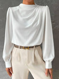 themeisles Simple Long Sleeves Puff Sleeves Asymmetric High-Neck Blouses&Shirts Tops