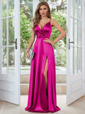 Extra-Long Satin A-Line V Neck Sleeveless Dress - Elegant Party & Banquet Dress with Split Thigh, Micro Elasticity, and Ball Gown Hem - Hand Wash or Professional Dry Clean, Solid Color, and All Season Wear