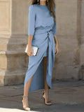 themeisles Tied Waist Solid Color Pleated Three-Quarter Sleeves Loose Boat Neck Maxi Dresses