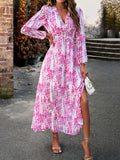 themeisles Split-Joint Ruffled Flower Print Loose Long Sleeves Deep V-Neck Maxi Dresses