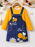Brief Alphabet Print Fitted Long Sleeve Crew Neck Casual Dress for Girls - Soft Slight Stretch Polyester Material, Round Neck, Regular Fit, No Belt or Chest Pad - Perfect for Spring and Fall Seasons
