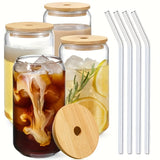1/2/4pcs Drinking Glasses With Bamboo Lids And Glass Straw Set, 16oz Can Shaped Glass Cups, Beer Glasses, Iced Coffee Glasses, Cute Tumbler Cup, Ideal For Cocktail, Whiskey, Gift, Drinkware