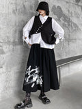 themeisles Original Loose Lace-Up Hollow Sleeve Blouse+Black Vest+Wide Leg Pants Culotte Three Pieces Set