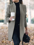 themeisles Long Sleeves Solid Color Split-Joint Stand Collar Outerwear Woolen Coat
