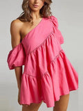 themeisles Loose Puff Sleeves Asymmetric Solid Color One-Shoulder Mini Dresses
