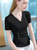 themeisles Original Skinny Solid Color Pleated Asymmetric Beaded T-Shirt Top
