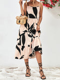 themeisles Floral Printed Contrast Color Sleeveless Loose Spaghetti-Neck Midi Dresses