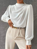 themeisles Simple Long Sleeves Puff Sleeves Asymmetric High-Neck Blouses&Shirts Tops