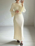 themeisles Flared Sleeves Long Sleeves Pleated Ruffled Solid Color Round-Neck Maxi Dresses