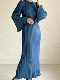 themeisles Flared Sleeves Long Sleeves Pleated Ruffled Solid Color Round-Neck Maxi Dresses