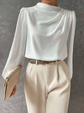 themeisles Simple Long Sleeves Puff Sleeves Asymmetric High-Neck Blouses&Shirts Tops