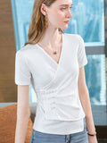 themeisles Original Skinny Solid Color Pleated Asymmetric Beaded T-Shirt Top