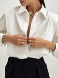 themeisles Solid Color Buttoned Loose Long Sleeves Lapel Blouses&Shirts Tops