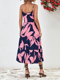 themeisles Floral Printed Contrast Color Sleeveless Loose Spaghetti-Neck Midi Dresses