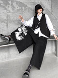 themeisles Original Loose Lace-Up Hollow Sleeve Blouse+Black Vest+Wide Leg Pants Culotte Three Pieces Set
