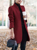 themeisles Long Sleeves Solid Color Split-Joint Stand Collar Outerwear Woolen Coat