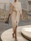themeisles Tied Waist Solid Color Pleated Three-Quarter Sleeves Loose Boat Neck Maxi Dresses