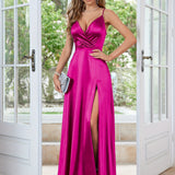 Extra-Long Satin A-Line V Neck Sleeveless Dress - Elegant Party & Banquet Dress with Split Thigh, Micro Elasticity, and Ball Gown Hem - Hand Wash or Professional Dry Clean, Solid Color, and All Season Wear