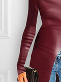 themeisles Long Sleeves Skinny Solid Color Split-Front High-Neck T-Shirts Tops