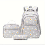 3-Piece Daisy Print Backpack Set - Spacious Zipper Closure Daypack with Lining, Detachable Lunch Bag, and Pencil Case - Perfect Student Back to School Gift for Boys and Girls