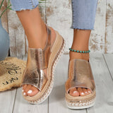 themeisles - Gold Casual Hollowed Out Patchwork Fish Mouth Out Door Wedges Shoes (Heel Height 1.97in)