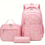 3-Piece Daisy Print Backpack Set - Spacious Zipper Closure Daypack with Lining, Detachable Lunch Bag, and Pencil Case - Perfect Student Back to School Gift for Boys and Girls