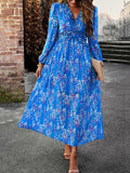themeisles Split-Joint Ruffled Flower Print Loose Long Sleeves Deep V-Neck Maxi Dresses