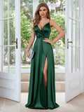 Extra-Long Satin A-Line V Neck Sleeveless Dress - Elegant Party & Banquet Dress with Split Thigh, Micro Elasticity, and Ball Gown Hem - Hand Wash or Professional Dry Clean, Solid Color, and All Season Wear