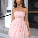 Elegant Off-The-Shoulder Solid Puffy Bandeau Bridesmaid Dress - Micro Elastic Polyamide Fabric, Heart Collar, No Printing, Knit Fabric - Perfect for Wedding, Evening, Occasion, Engagement, Ceremony, Birthday