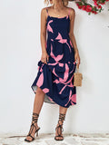 themeisles Floral Printed Contrast Color Sleeveless Loose Spaghetti-Neck Midi Dresses