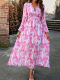 themeisles Split-Joint Ruffled Flower Print Loose Long Sleeves Deep V-Neck Maxi Dresses