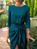 themeisles Tied Waist Solid Color Pleated Three-Quarter Sleeves Loose Boat Neck Maxi Dresses