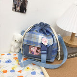 themeisles New Summer Bucket Bag Women Plaid Nylon Bag Girls Small Crossbody Bags Handbag Mobile Phone Bag Drawstring Shoulder Bag Bolsos