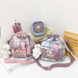 themeisles New Summer Bucket Bag Women Plaid Nylon Bag Girls Small Crossbody Bags Handbag Mobile Phone Bag Drawstring Shoulder Bag Bolsos