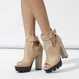 Summer New European and American Fashionable Chunky Heel Sandals Hollow Comfort Buckle High Heel Roman Sandals Foreign Trade Size 42